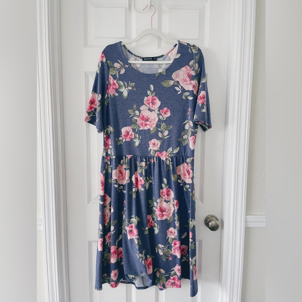 Mikarose Women’s Blue Floral Short Sleeve Midi Dress Size XXL